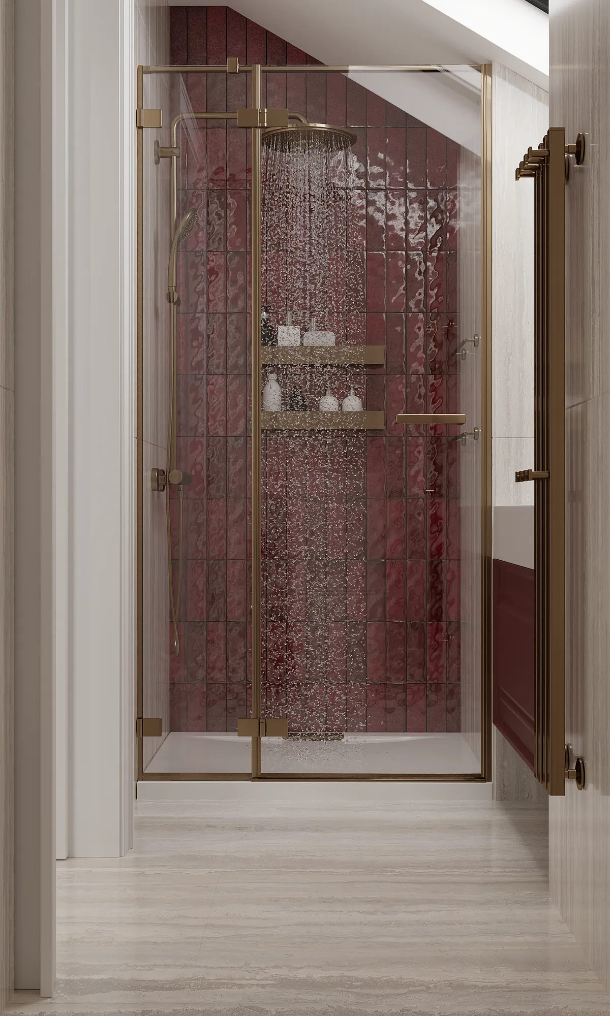 Upstairs bathroom in the Midcentury Muse interior, 3D visualisation