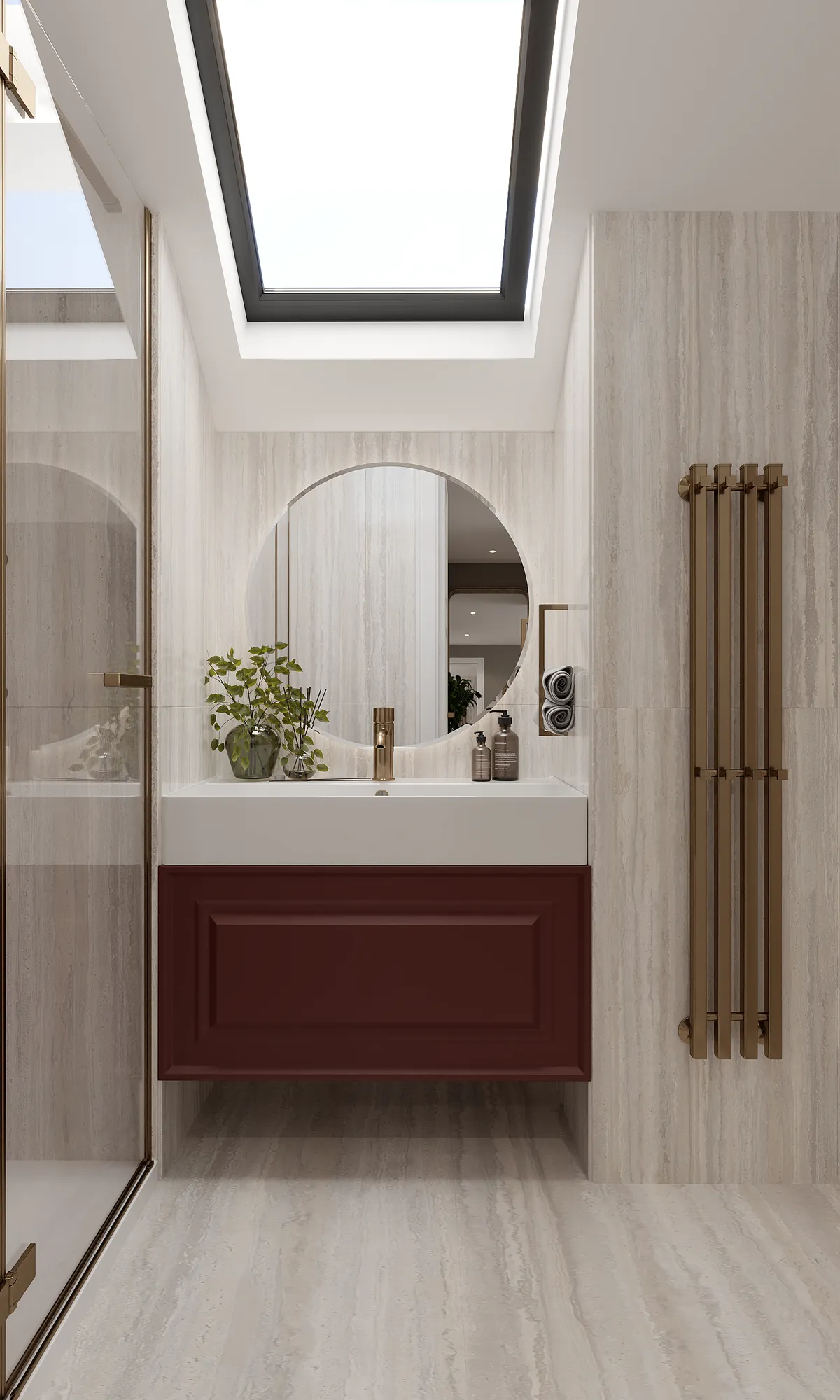 Upstairs bathroom in the Midcentury Muse interior, 3D visualisation