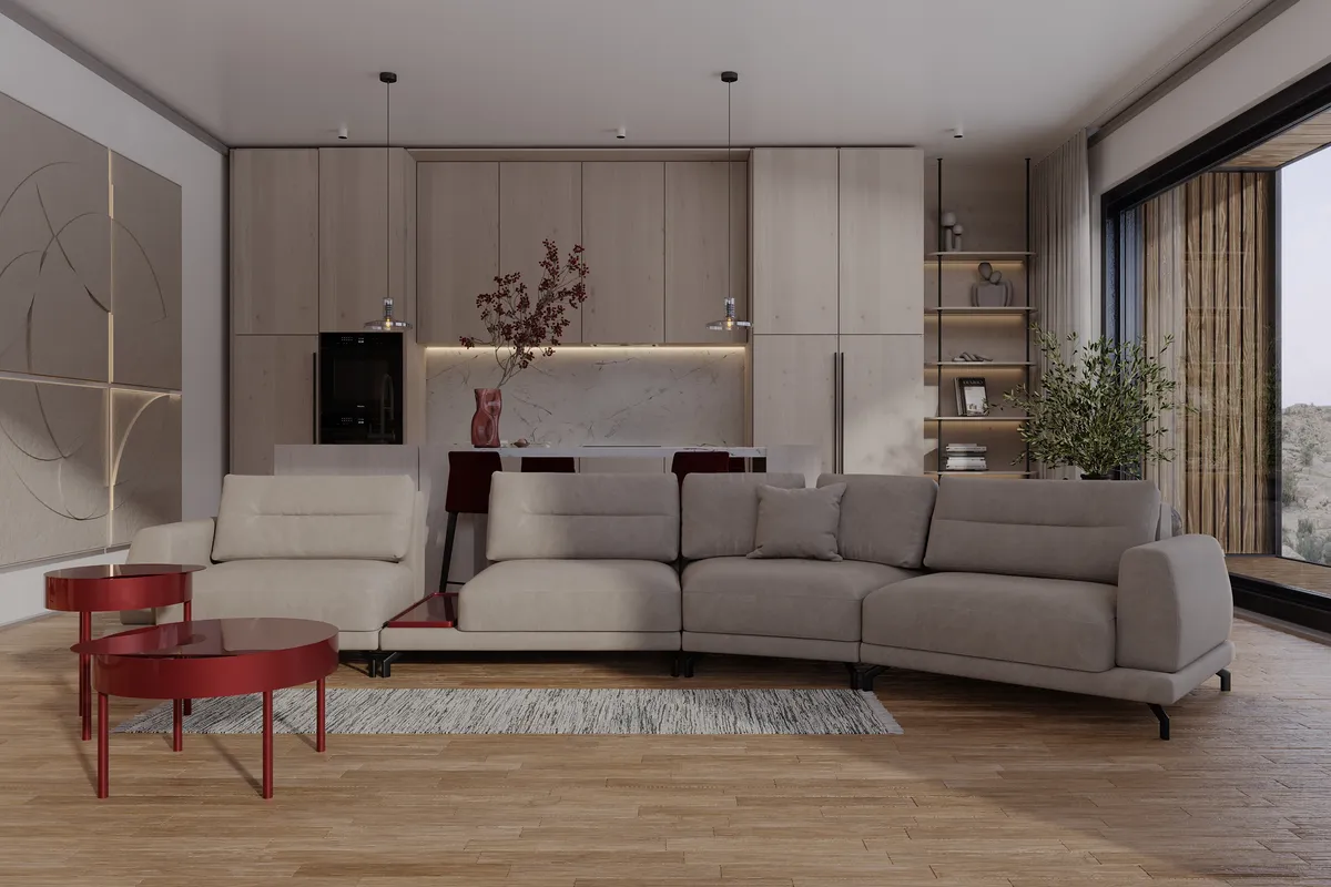 Kitchen & living in the Pale Oak – Red Wine interior, 3D visualisation