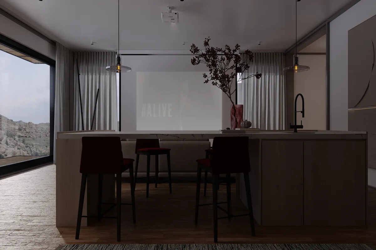 Kitchen & living in the Pale Oak – Red Wine interior, 3D visualisation