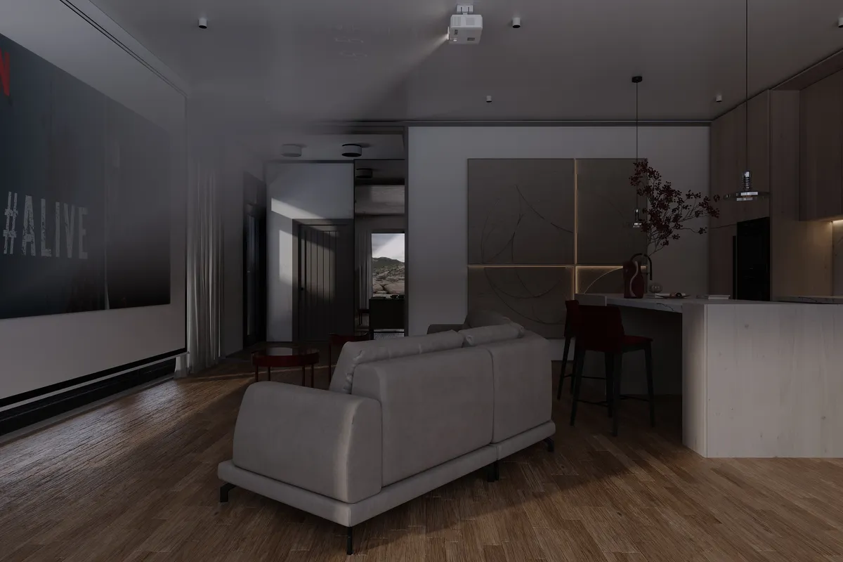 Kitchen & living in the Pale Oak – Red Wine interior, 3D visualisation