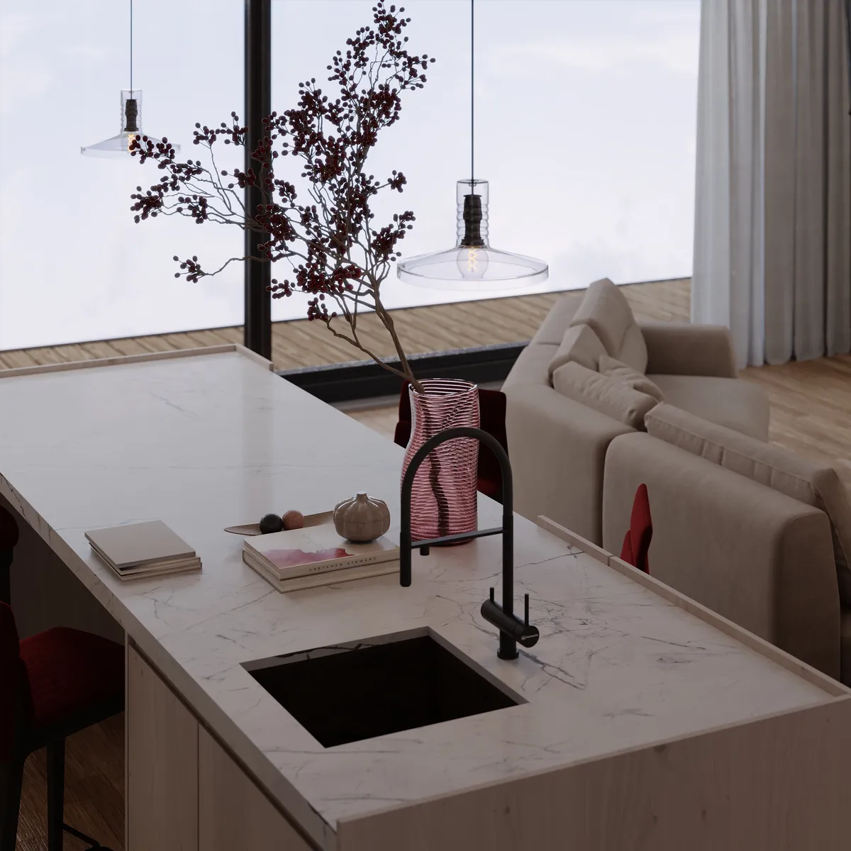 Kitchen & living in the Pale Oak – Red Wine interior, 3D visualisation