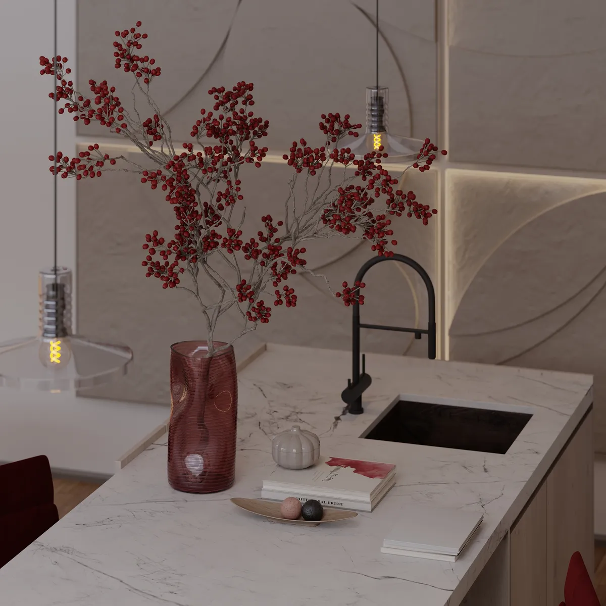 Kitchen & living in the Pale Oak – Red Wine interior, 3D visualisation