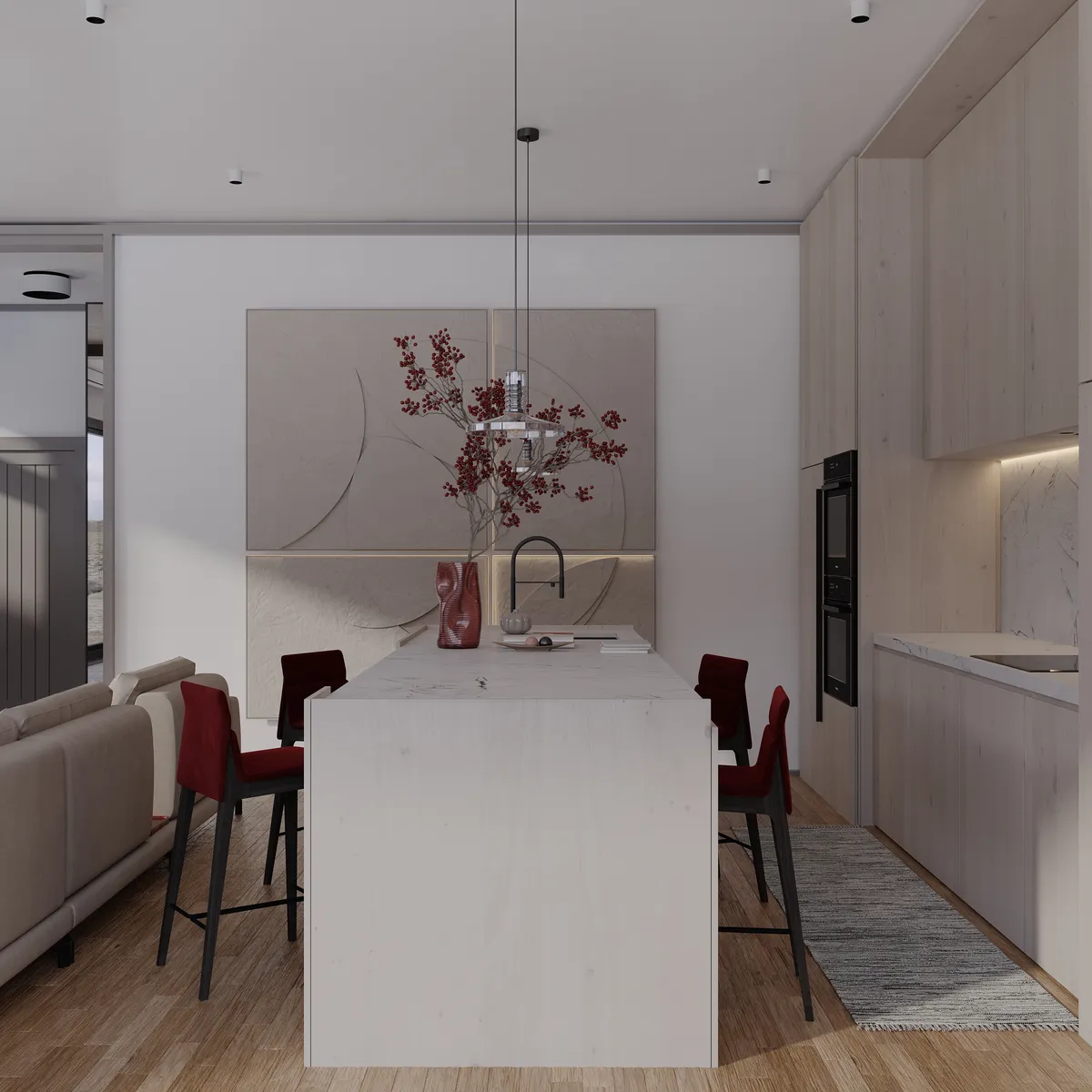 Kitchen & living in the Pale Oak – Red Wine interior, 3D visualisation