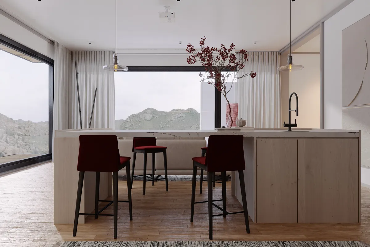 Kitchen & living in the Pale Oak – Red Wine interior, 3D visualisation