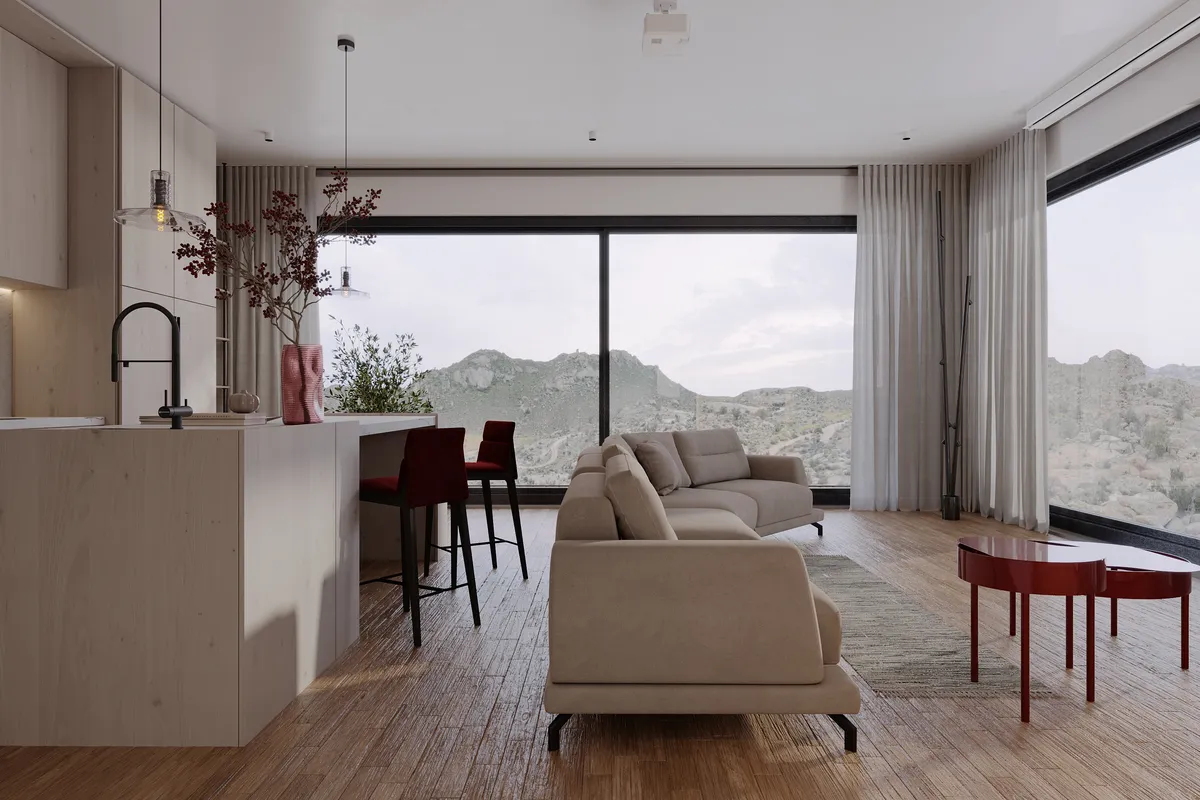 Kitchen & living in the Pale Oak – Red Wine interior, 3D visualisation
