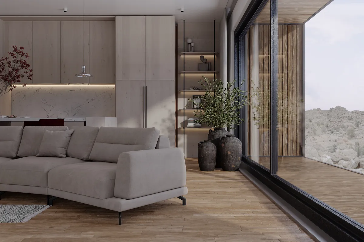 Kitchen & living in the Pale Oak – Red Wine interior, 3D visualisation