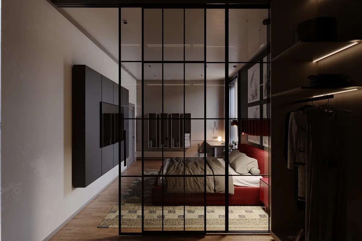 Bedroom in the Pale Oak – Red Wine interior, 3D visualisation