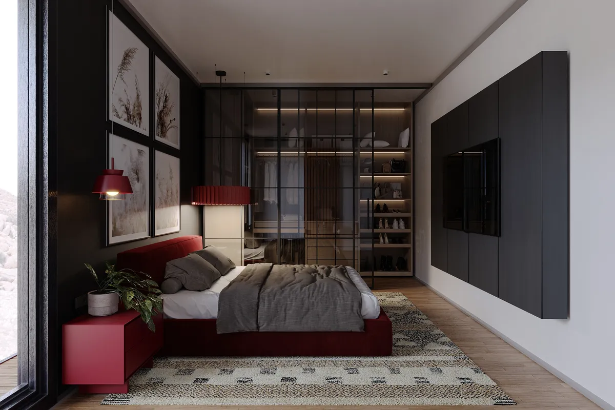 Bedroom in the Pale Oak – Red Wine interior, 3D visualisation