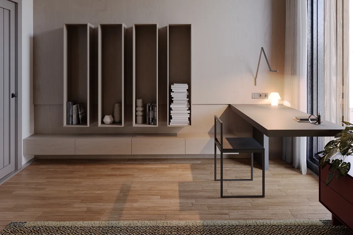 Bedroom in the Pale Oak – Red Wine interior, 3D visualisation