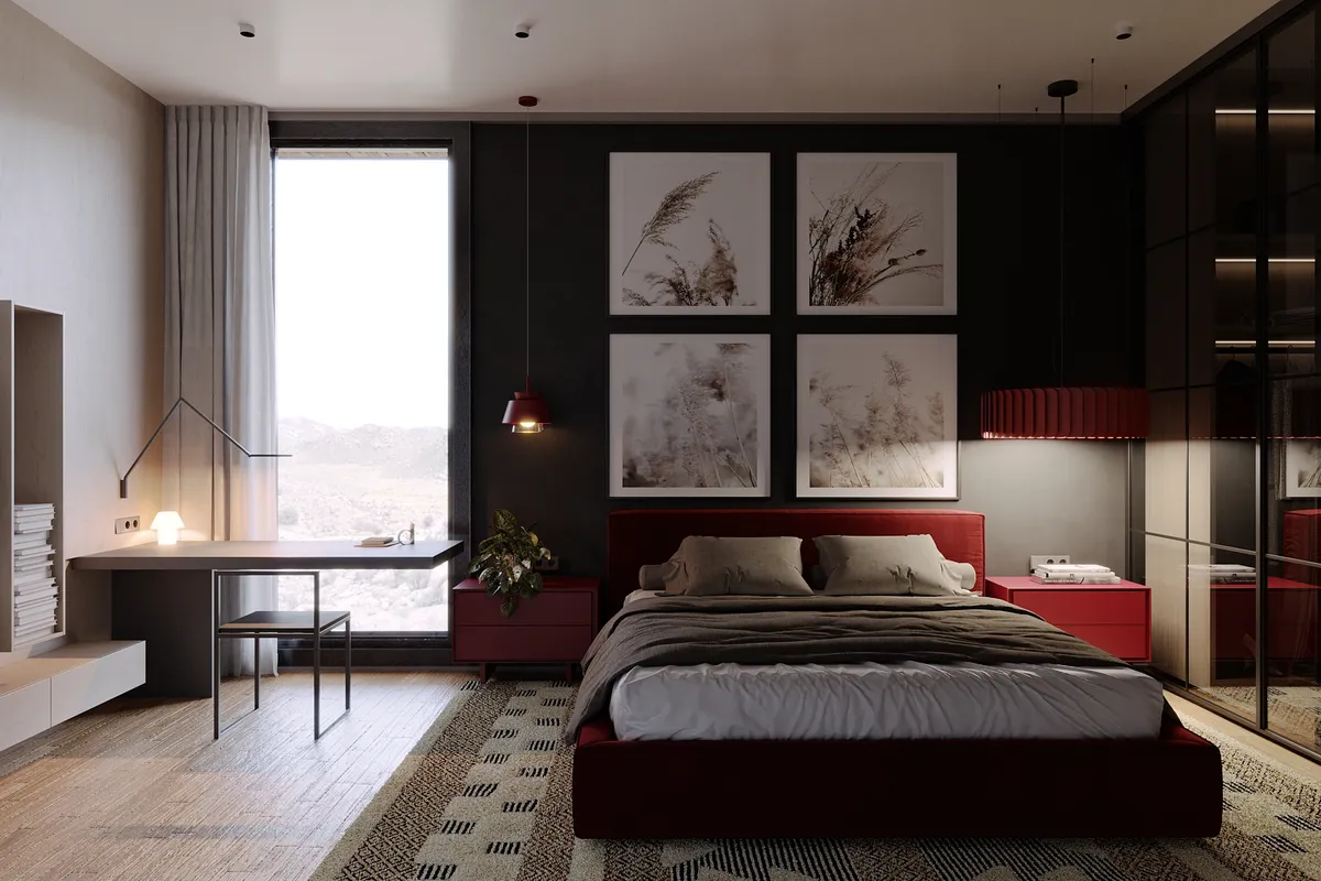 Bedroom in the Pale Oak – Red Wine interior, 3D visualisation