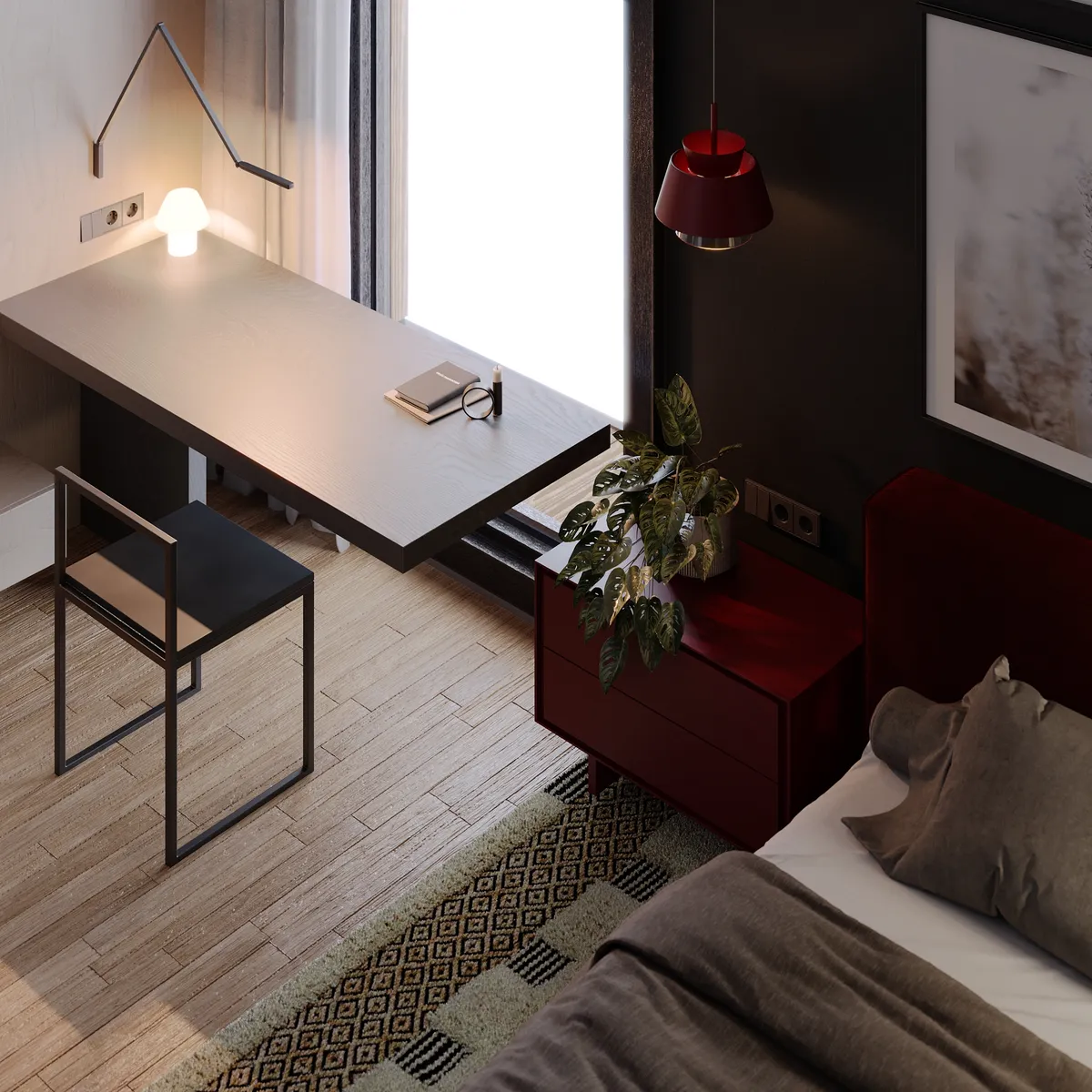 Bedroom in the Pale Oak – Red Wine interior, 3D visualisation