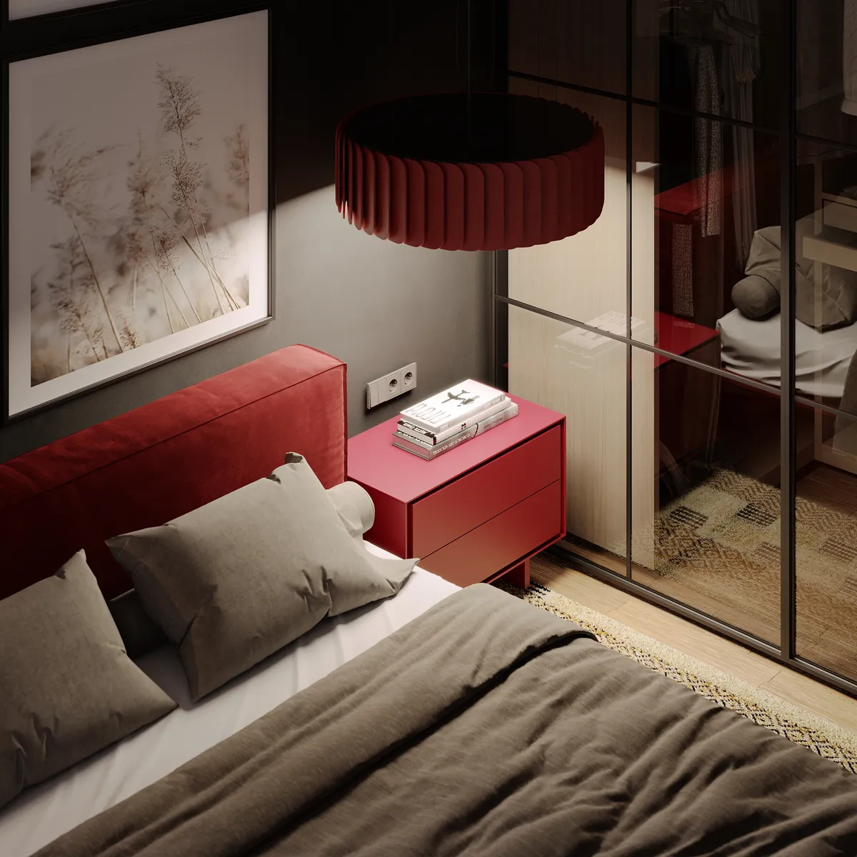 Bedroom in the Pale Oak – Red Wine interior, 3D visualisation