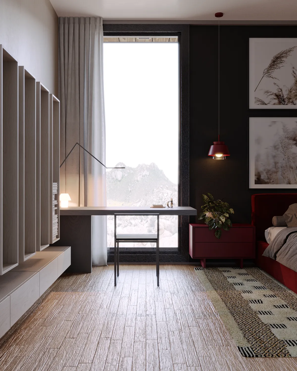 Bedroom in the Pale Oak – Red Wine interior, 3D visualisation