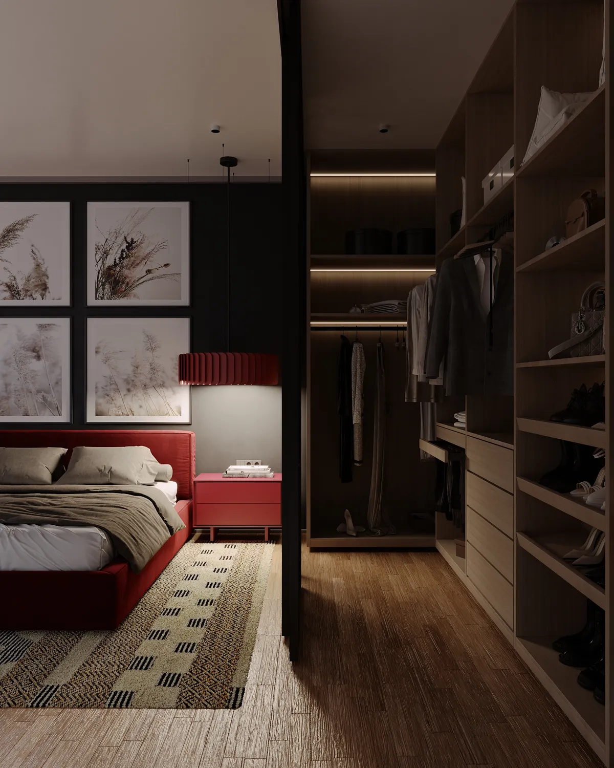 Bedroom in the Pale Oak – Red Wine interior, 3D visualisation
