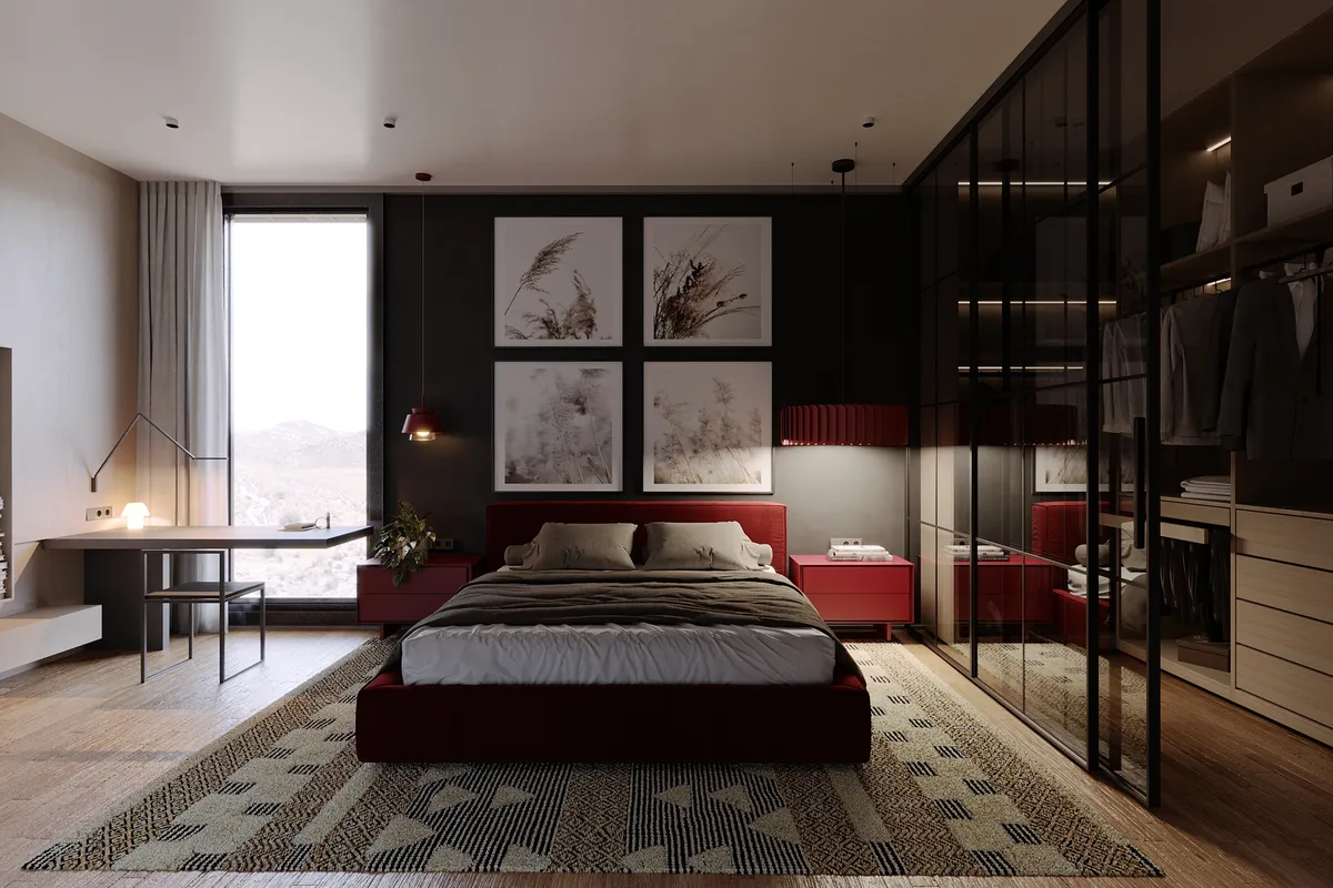 Bedroom in the Pale Oak – Red Wine interior, 3D visualisation