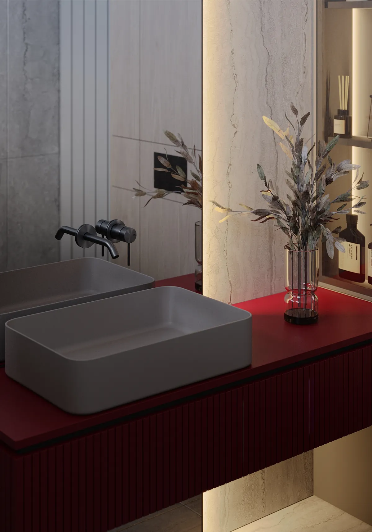 Bathroom in the Pale Oak – Red Wine interior, 3D visualisation