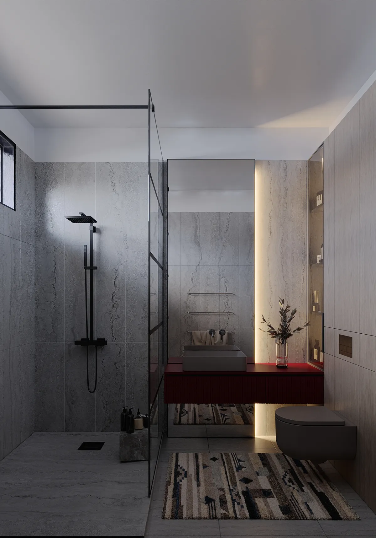 Bathroom in the Pale Oak – Red Wine interior, 3D visualisation