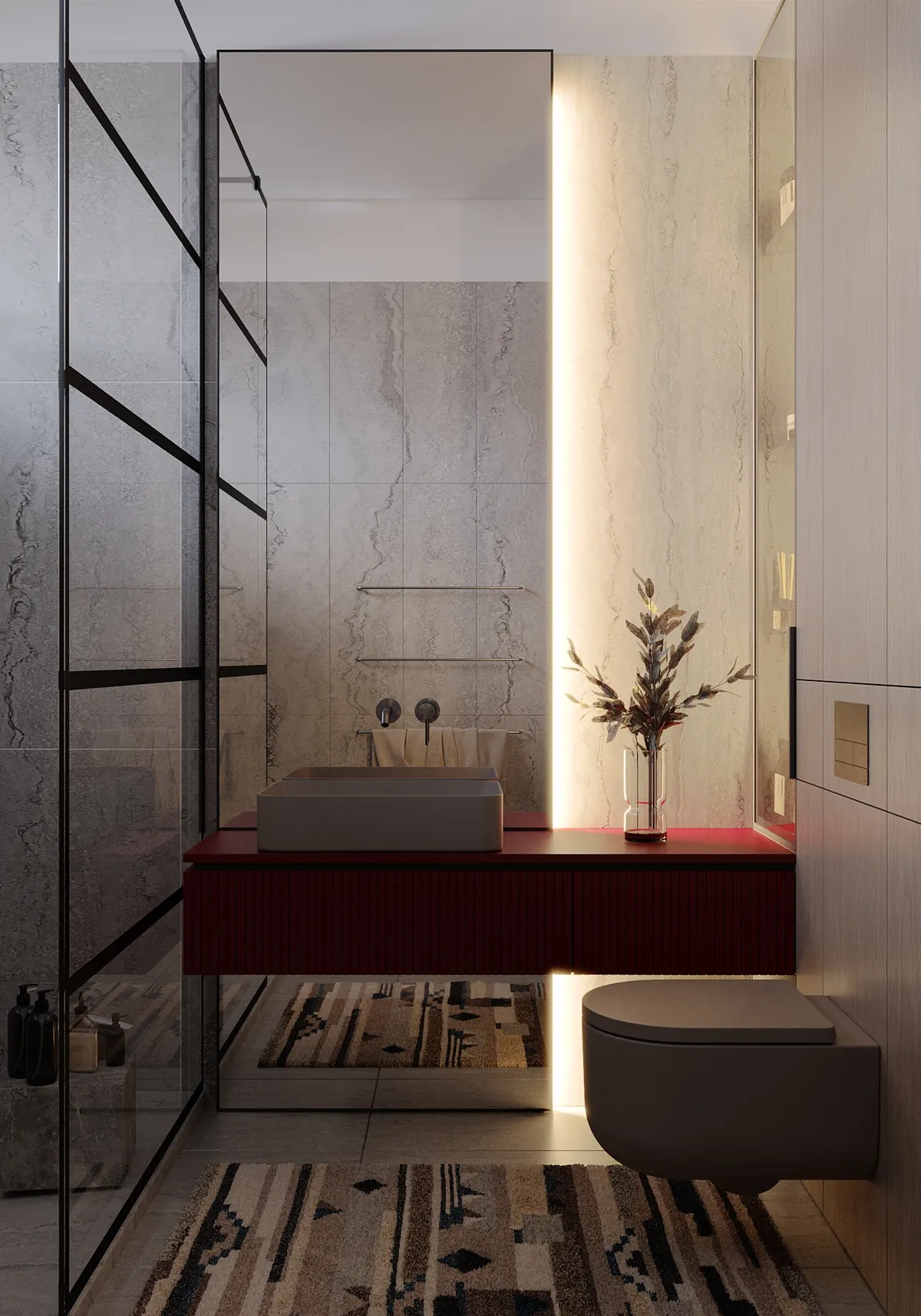 Bathroom in the Pale Oak – Red Wine interior, 3D visualisation