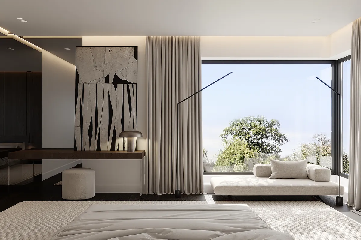 Bedroom in the Still Suite interior, 3D visualisation