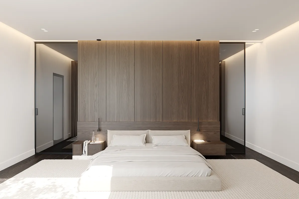 Bedroom in the Still Suite interior, 3D visualisation