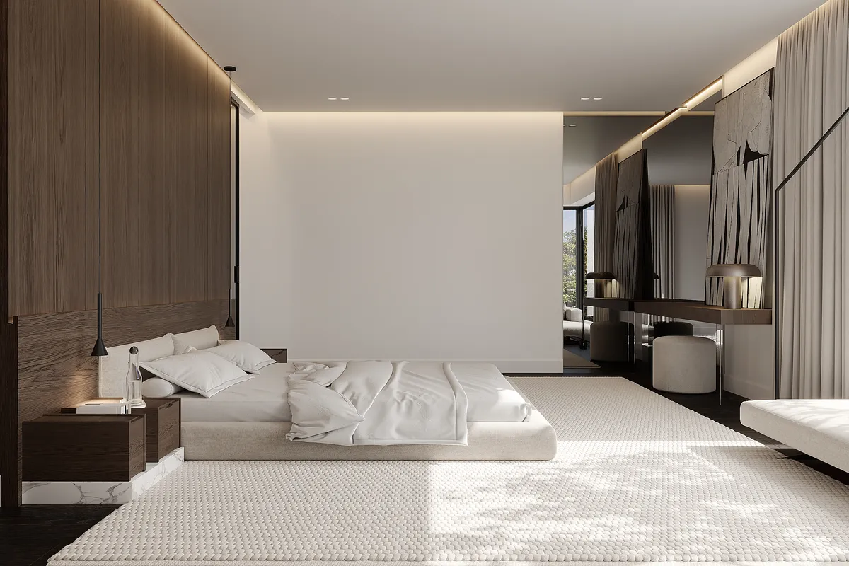 Bedroom in the Still Suite interior, 3D visualisation