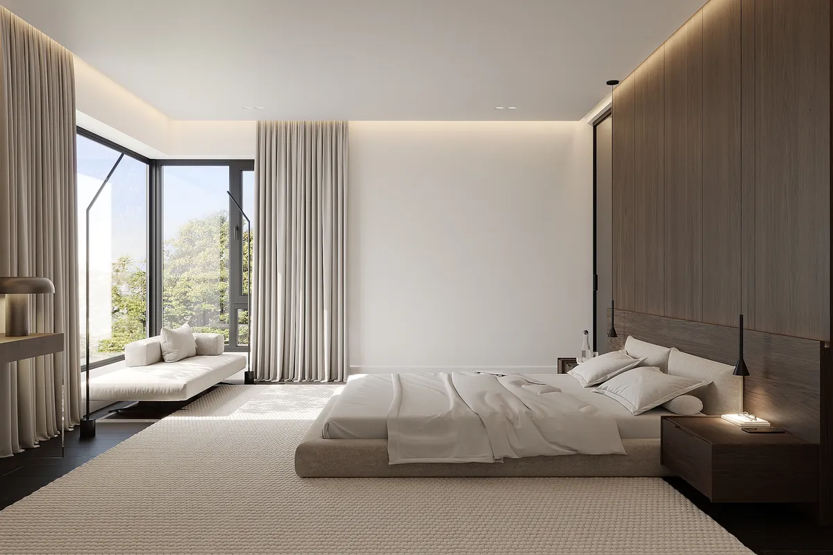 Bedroom in the Still Suite interior, 3D visualisation