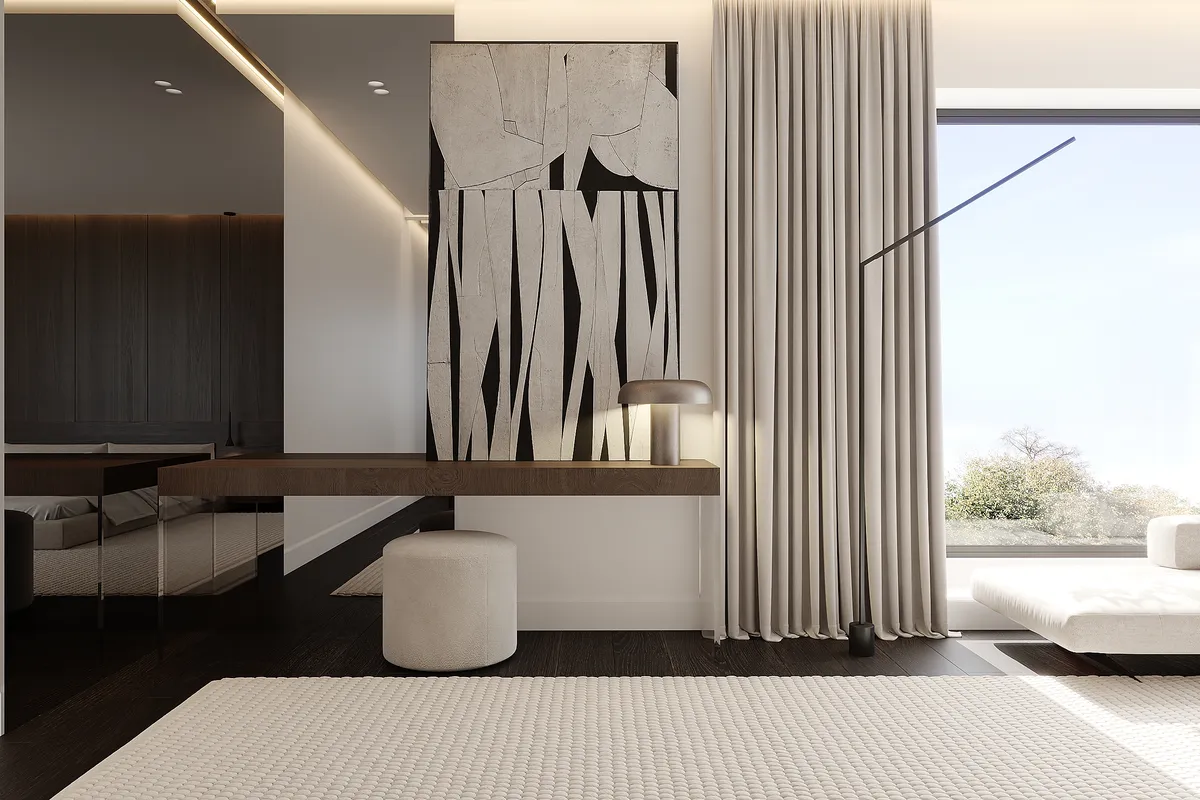 Bedroom in the Still Suite interior, 3D visualisation
