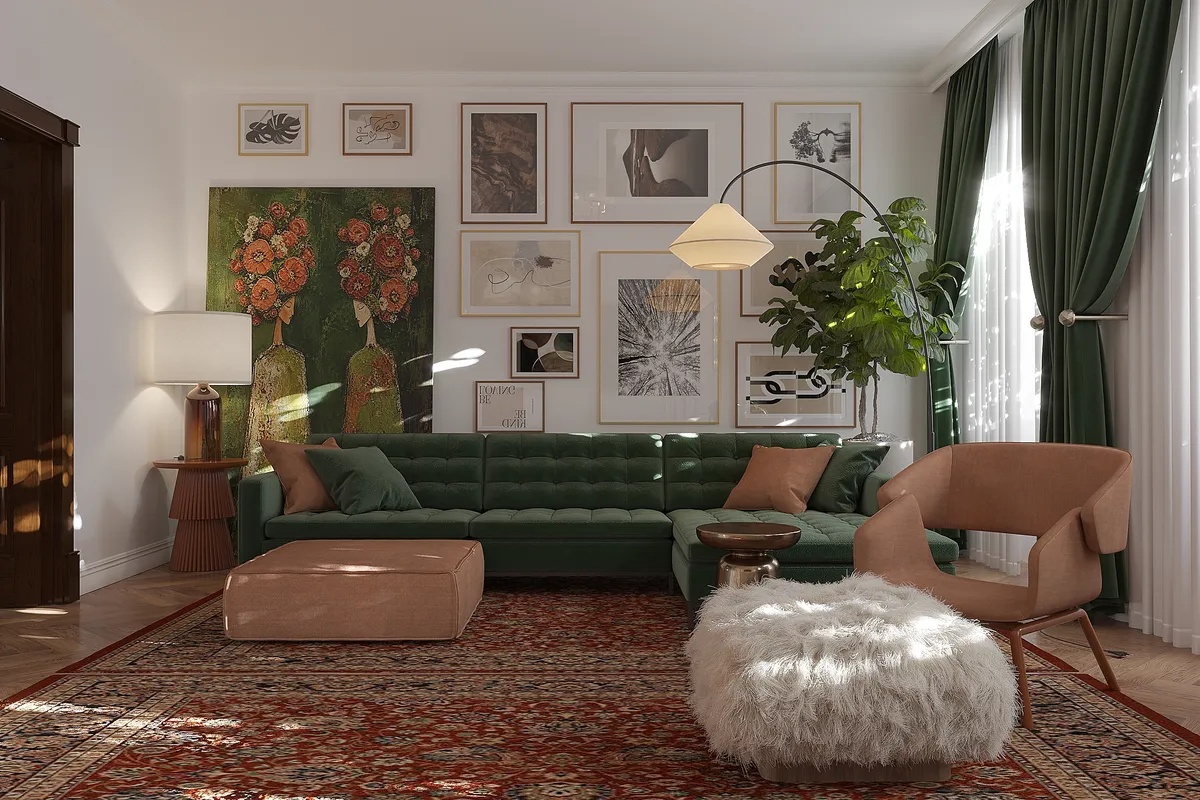 Living room in the Sunlit Stories interior, 3D visualisation