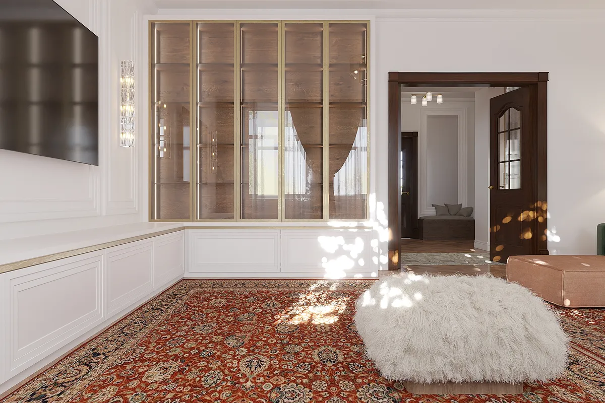 Living room in the Sunlit Stories interior, 3D visualisation