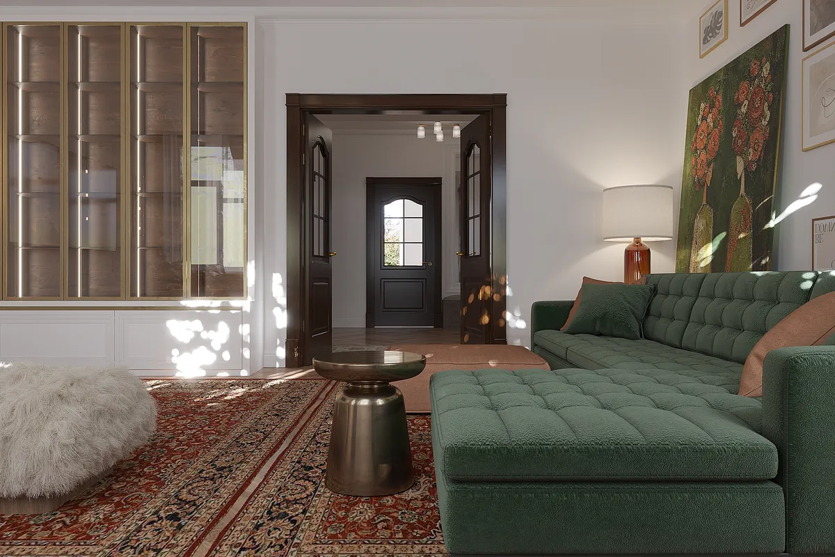 Living room in the Sunlit Stories interior, 3D visualisation