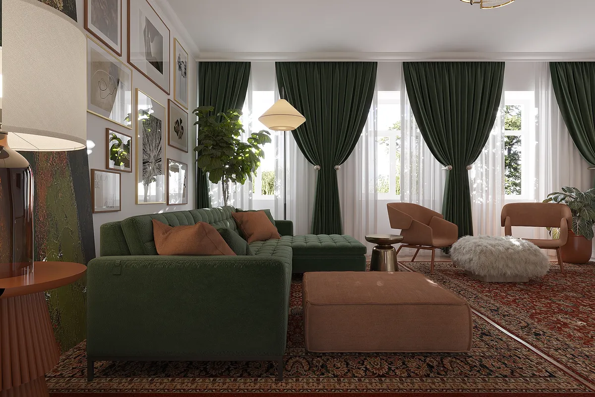 Living room in the Sunlit Stories interior, 3D visualisation