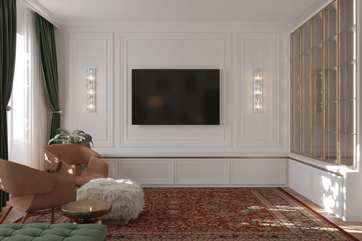 Living room in the Sunlit Stories interior, 3D visualisation