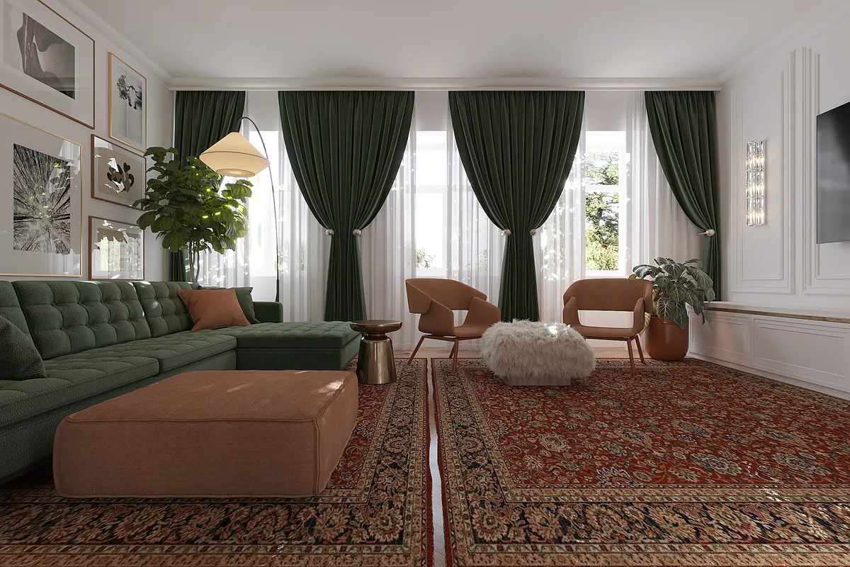 Living room in the Sunlit Stories interior, 3D visualisation