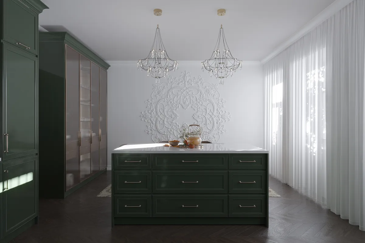 Kitchen in the Sunlit Stories interior, 3D visualisation