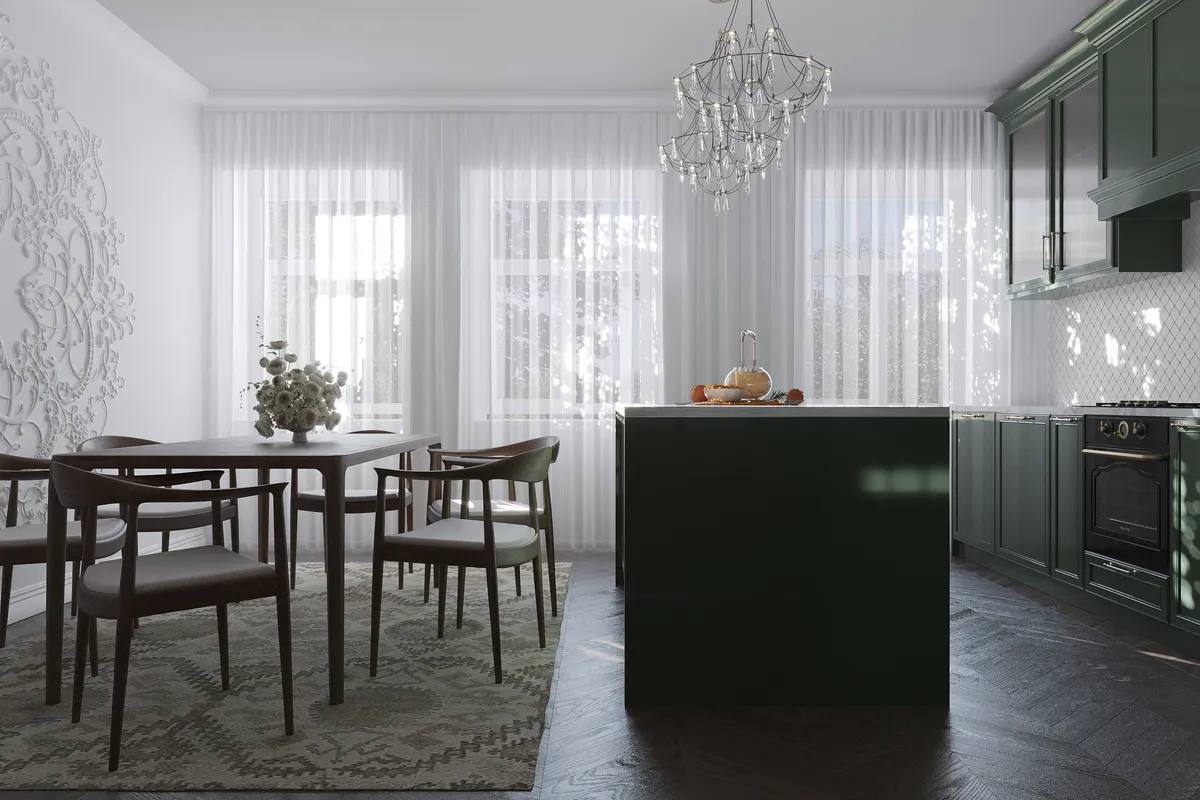 Kitchen in the Sunlit Stories interior, 3D visualisation