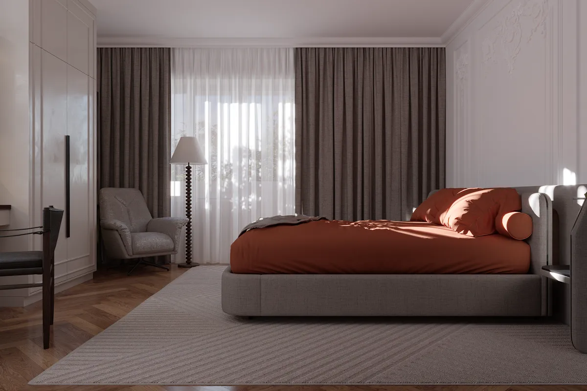Bedroom in the Sunlit Stories interior, 3D visualisation